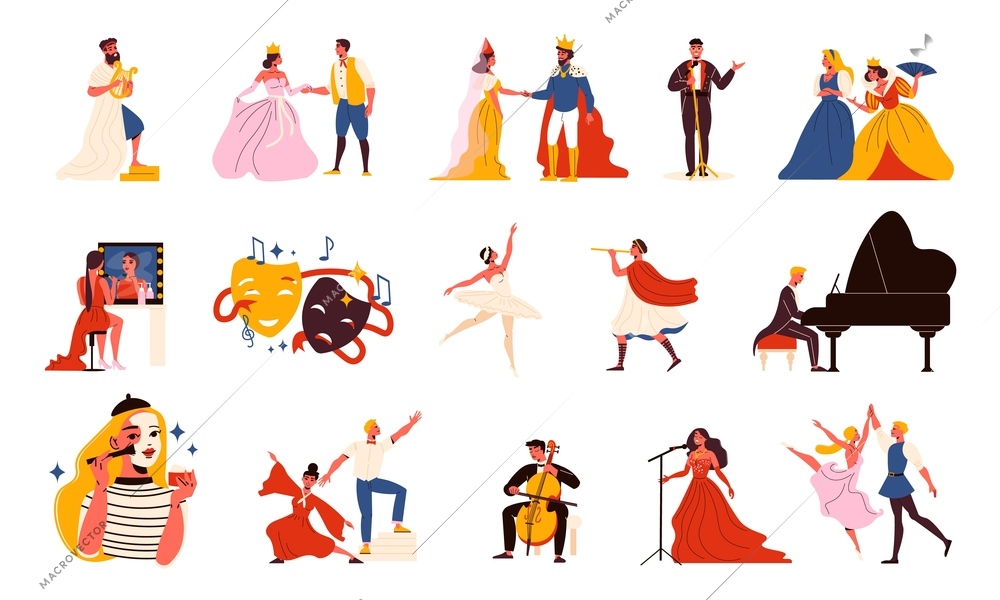 Theatre flat icons set with actors and actresses wearing theatrical costumes musicians singers dancers isolated on white background vector illustration