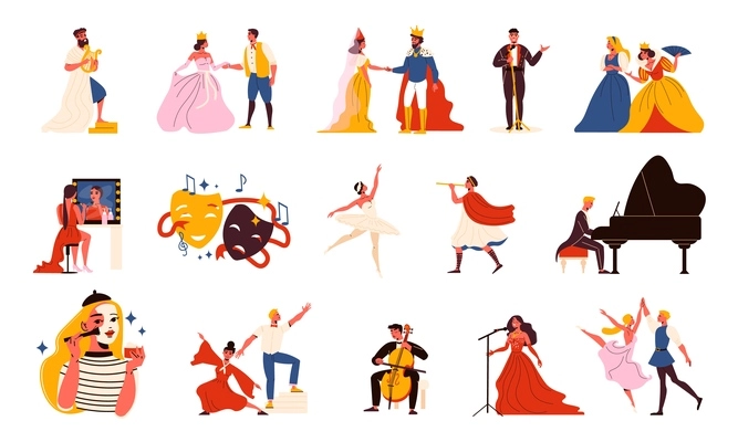 Theatre flat icons set with actors and actresses wearing theatrical costumes musicians singers dancers isolated on white background vector illustration