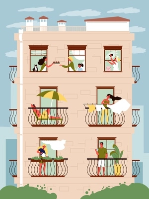 Residential house facade with neighbours in windows and on balconies flat vector illustration