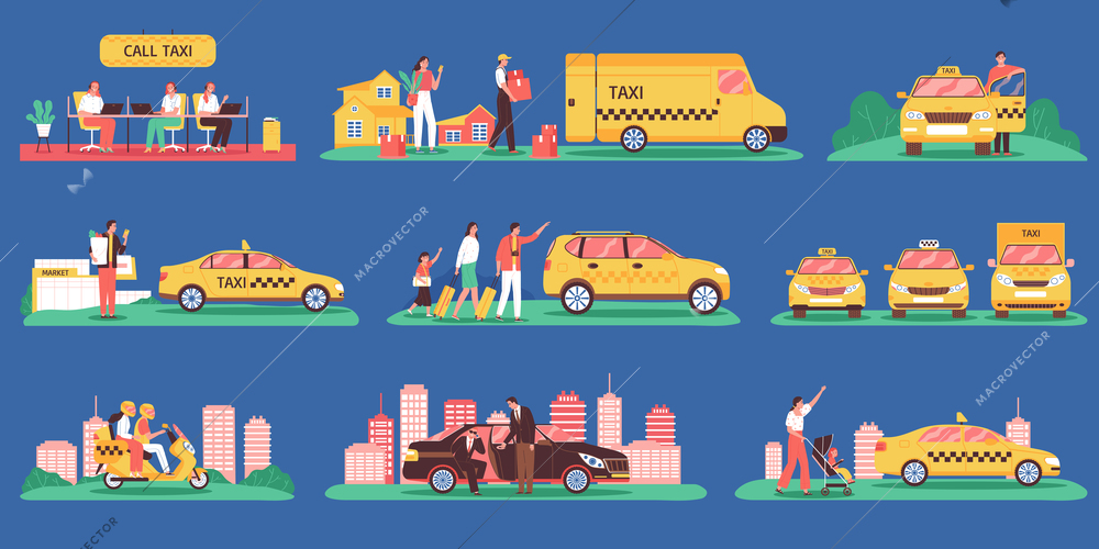 Taxi color set of isolated icons with cityscape elements cabs of different class and clients characters vector illustration