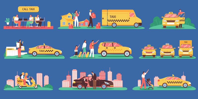 Taxi color set of isolated icons with cityscape elements cabs of different class and clients characters vector illustration