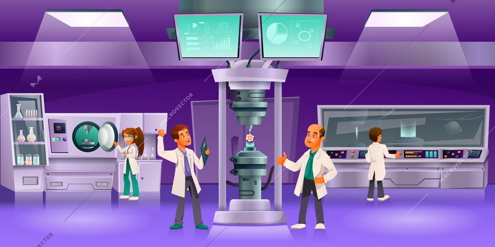 Cartoon colored scientists composition employees conduct experiments and monitor correctness of experiments vector illustration