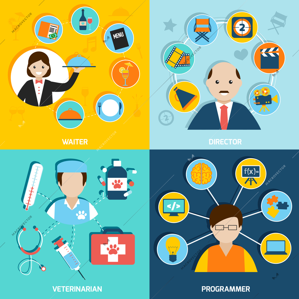 People professions flat icons set with waiter director veterinarian programmer isolated vector illustration