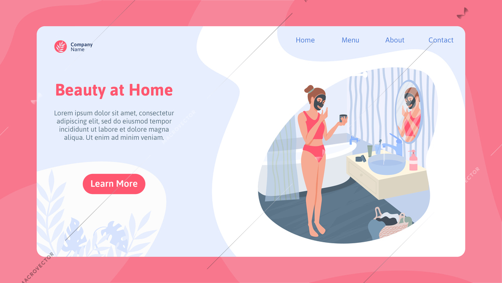 Beauty at home flat landing page with young woman in bathroom interior applying face mask with skincare products vector illustration