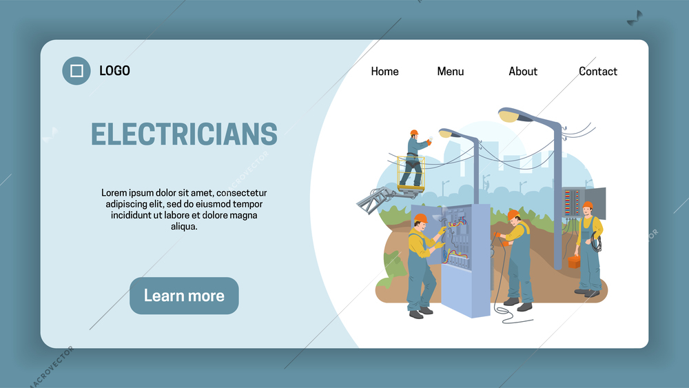 Electricians flat landing page layout with place for logo contact information and learn more button vector illustration