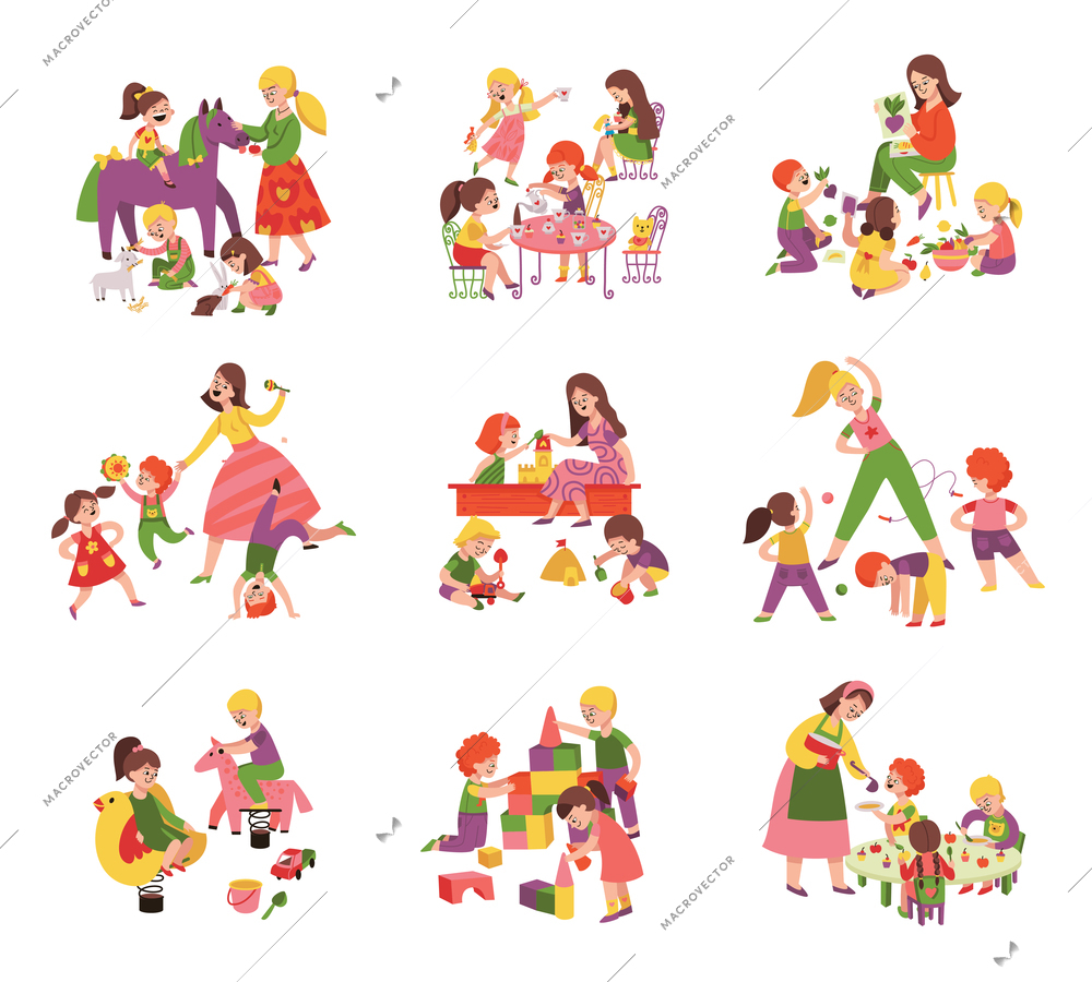Kindergarten set of isolated compositions with adult teachers and kids playing with toys and reading books vector illustration