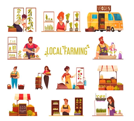 Local farming flat set of farmers selling fresh organic fruits and vegetables in street shop cartoon vector illustration