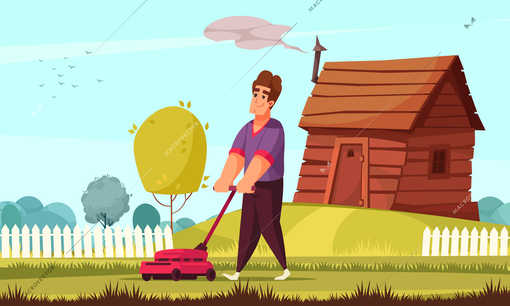 Daily routine flat background with man mowing lawn near his suburban house cartoon vector illustration