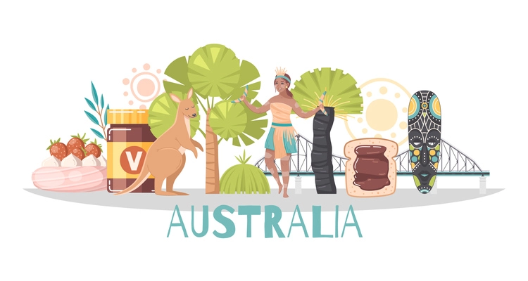 Australia cartoon composition with kangaroo vegemite ancient wooden painted mask female aborigine character holding boomerang flat vector illustration