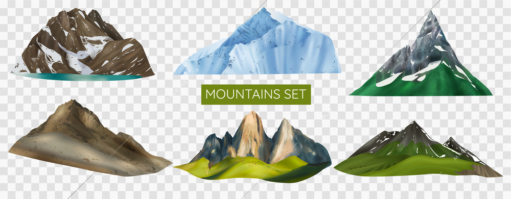 Realistic mountains set on transparent background with text and isolated images of mountains on different heights vector illustration