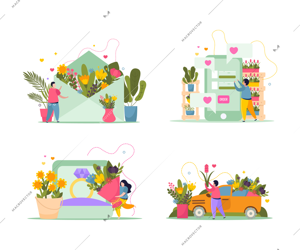 Flower shop composition set with business symbols flat isolated vector illustration