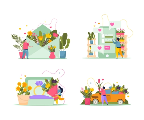 Flower shop composition set with business symbols flat isolated vector illustration