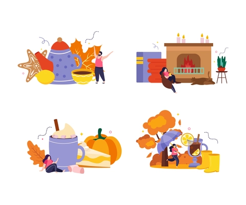 Cozy fall composition set with hot drink symbols flat isolated vector illustration