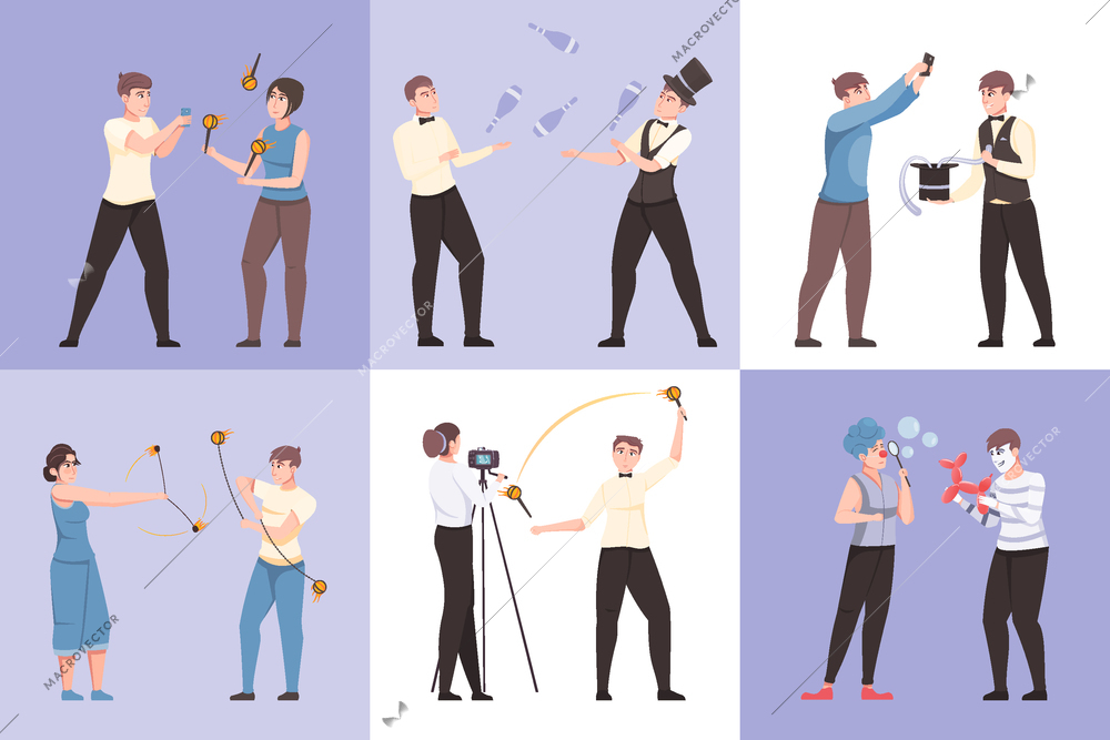 Entertainment show six square compositions with artist magician clown juggler and fire show performer characters isolated vector illustration