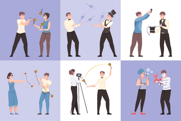 Entertainment show six square compositions with artist magician clown juggler and fire show performer characters isolated vector illustration