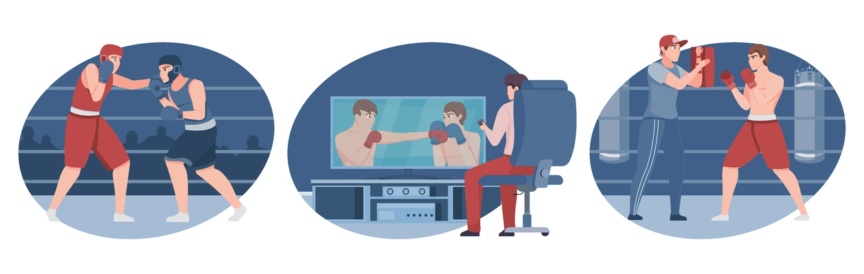 Boxing flat isolated compositions with  boxers fighting on arena training in gym and tv screen vector illustration