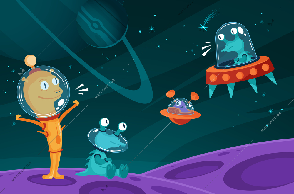 Funny aliens living in space cartoon game image with standing flying communicating creatures colorful background vector illustration