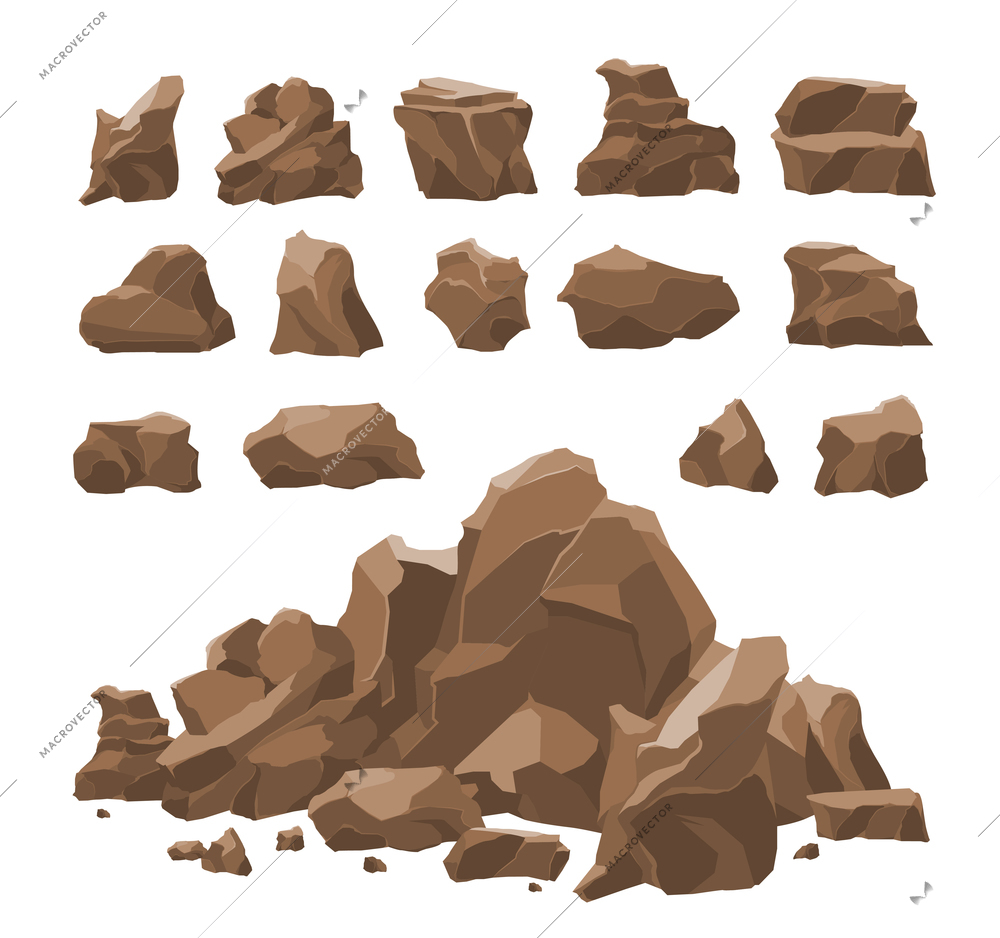 Rocks and mountains stones decorative garden elements nature scenery realistic set white background isolated vector illustration