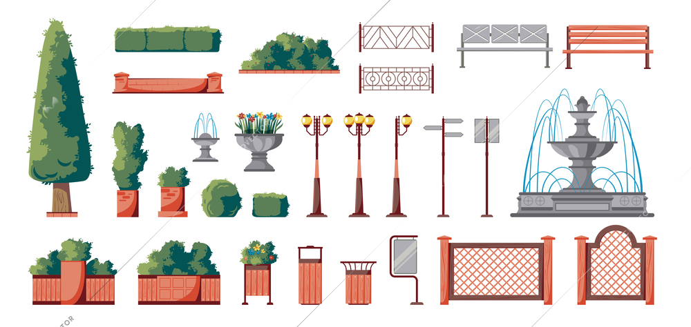 Summer city park flat elements set with fountain bushes benches lanterns decorative planters fences isolated vector illustration