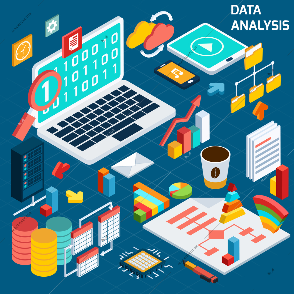 Data analysis digital analytics compute process decorative icons isometric set with notebook vector illustration