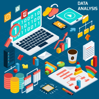 Data analysis digital analytics compute process decorative icons isometric set with notebook vector illustration