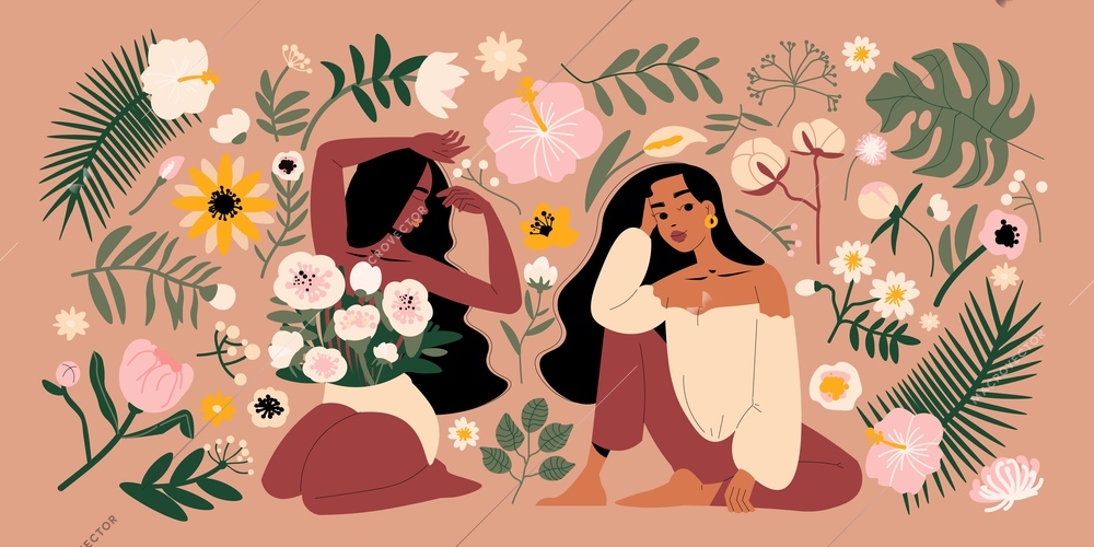 Two beautiful long haired women with tropical flowers and leaves on colored background flat vector illustration