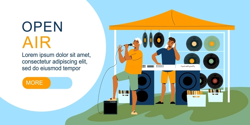 Open air music festival horizontal banner guy singing into a microphone and another playing records flat vector illustration