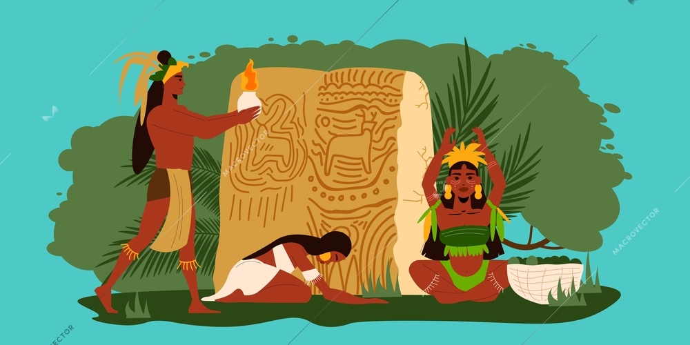 Three maya people worshipping idols and performing ritual on color background flat vector illustration