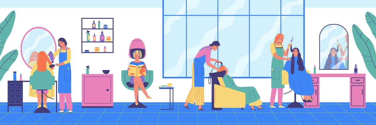 Hairdressing salon composition with characters of female workers and clients sitting on chairs combing drying hair vector illustration