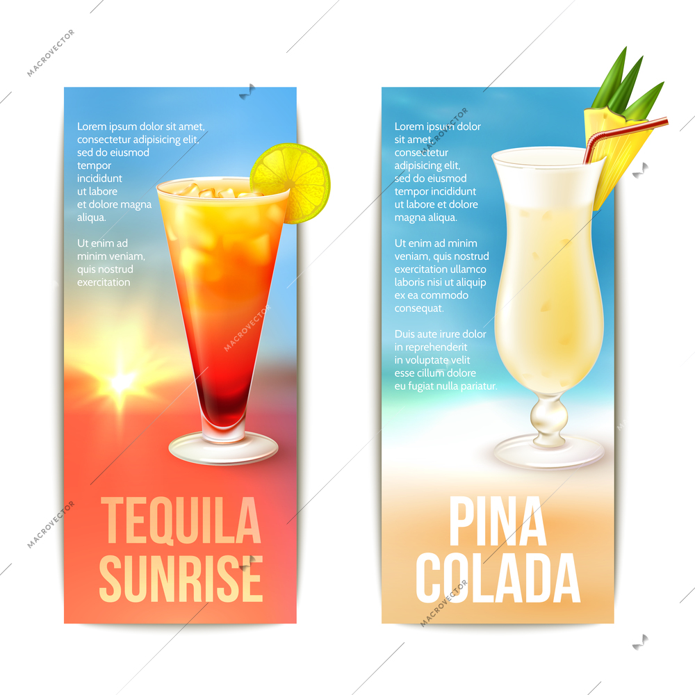 Tequila sunrise pina colada cocktails vertical banner set isolated vector illustration