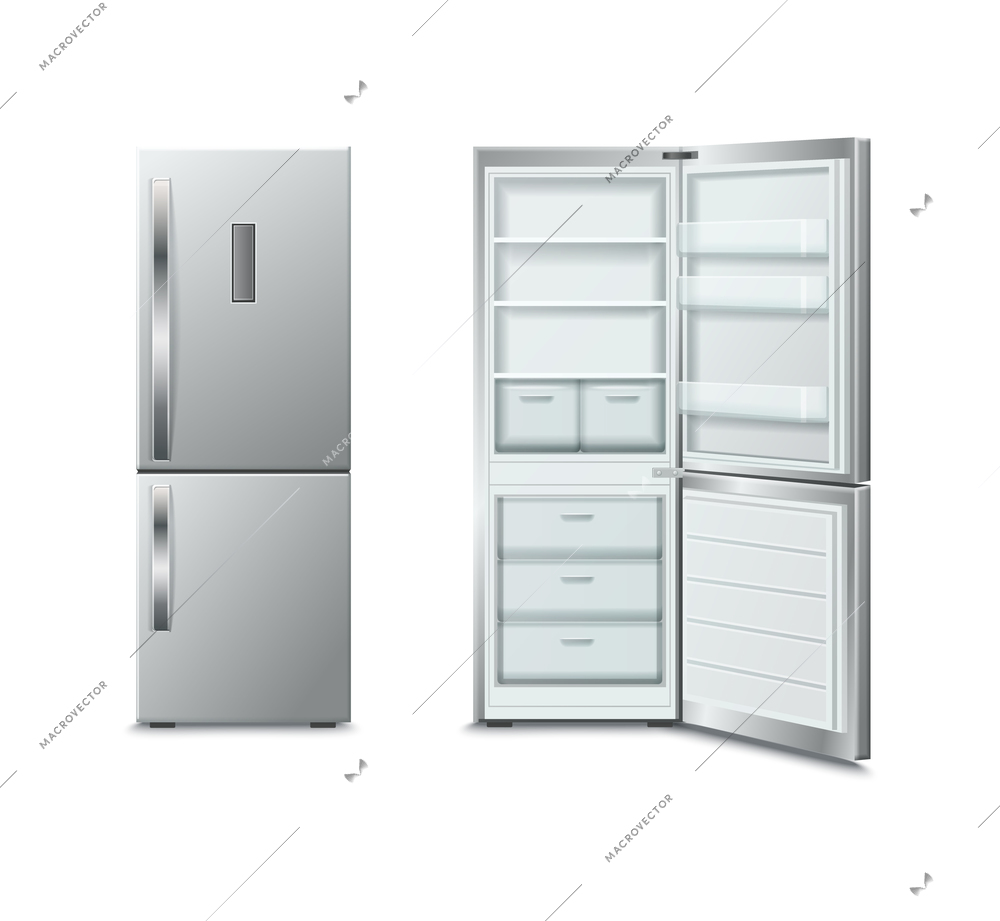 Household appliance separate fridge and freezer refrigerator closed and open realistic isolated image white background vector illustration