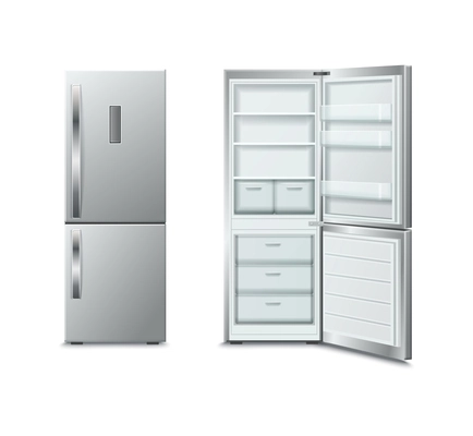 Household appliance separate fridge and freezer refrigerator closed and open realistic isolated image white background vector illustration