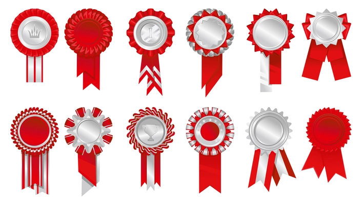 Rosettes rewards ribbons icon set red and silver colors in various shapes and styles vector illustration