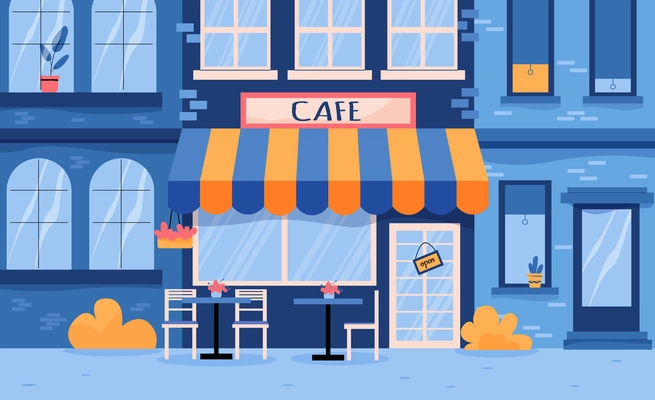 The facade of the cafe with tables under a canopy and a sign with the name flat vector illustration