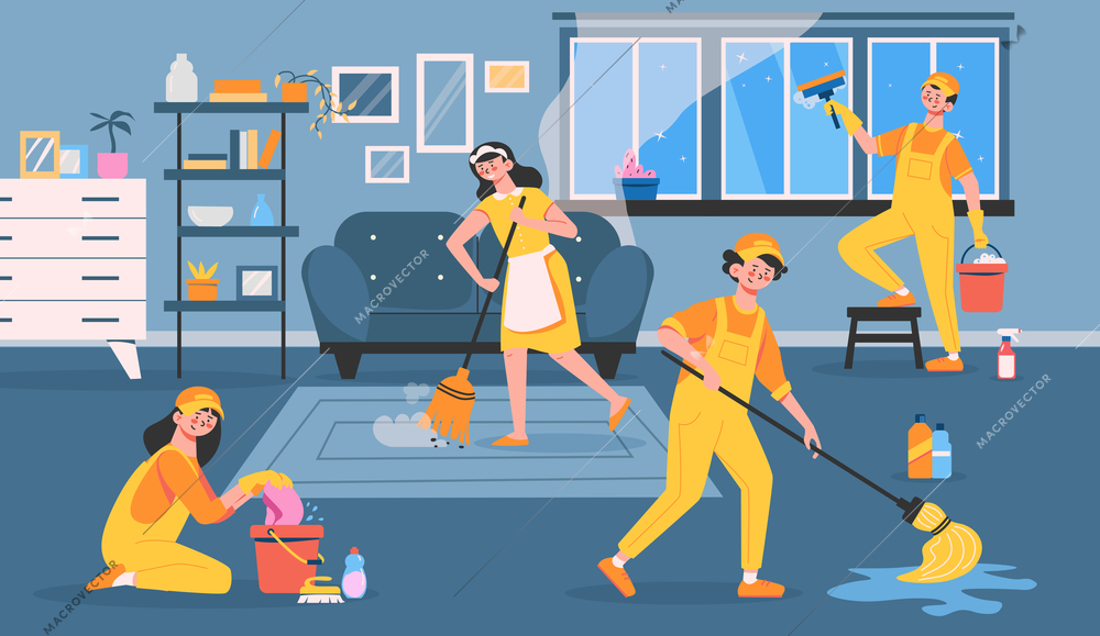 The cleaning service is actively working and cleans up the entire apartment at once flat vector illustration