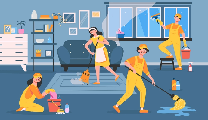 The cleaning service is actively working and cleans up the entire apartment at once flat vector illustration