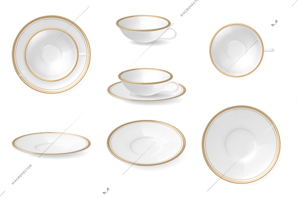 Realistic set depicting white saucers and cups with rims in three projections isolated vector illustration