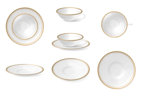 Realistic set depicting white saucers and cups with rims in three projections isolated vector illustration