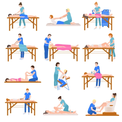 Massage people flat set with isolated human characters of medical specialists assisting patients performing kneading massage vector illustration