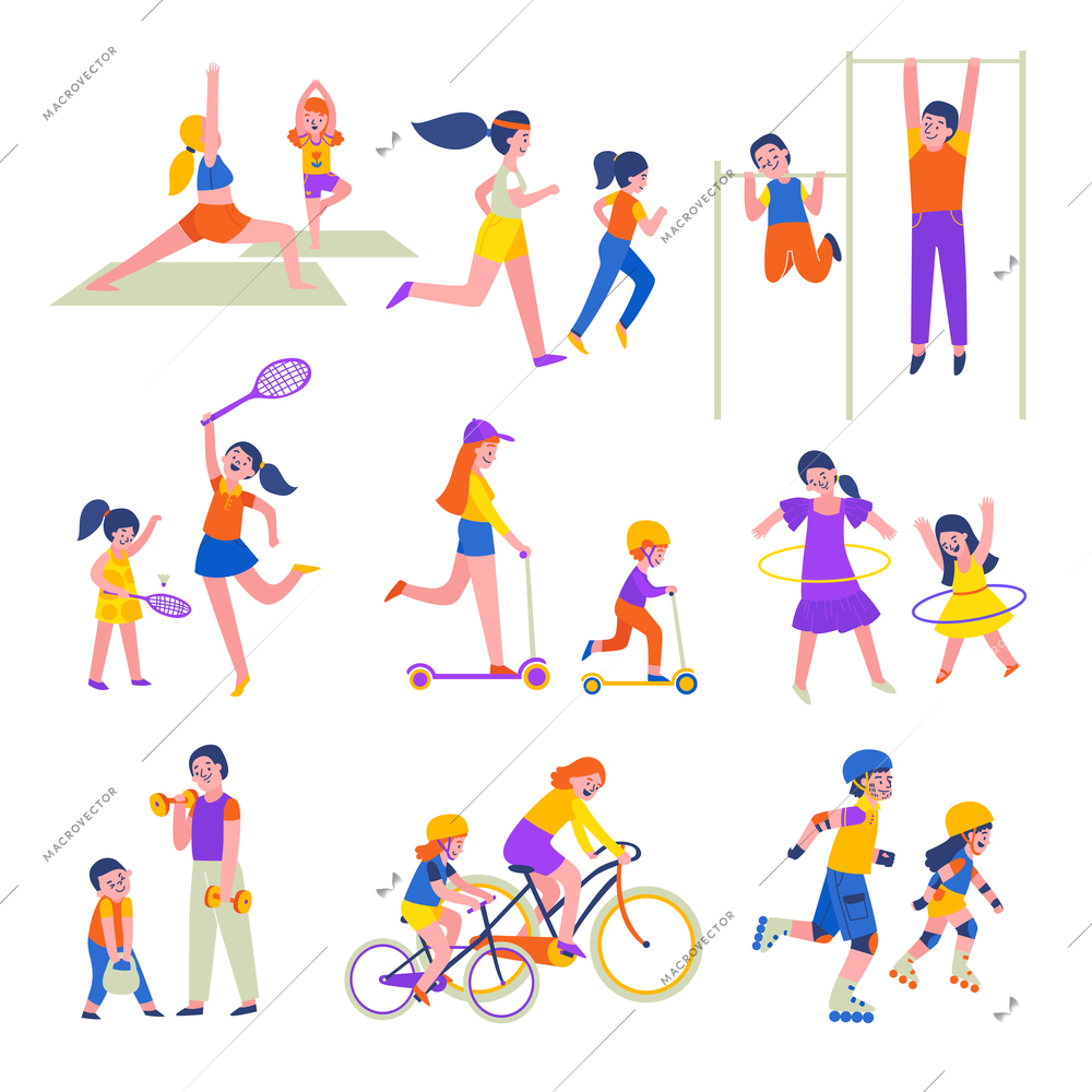 Family fitness sport set of isolated icons with characters of children practicing with parents gymnastic apparatus vector illustration