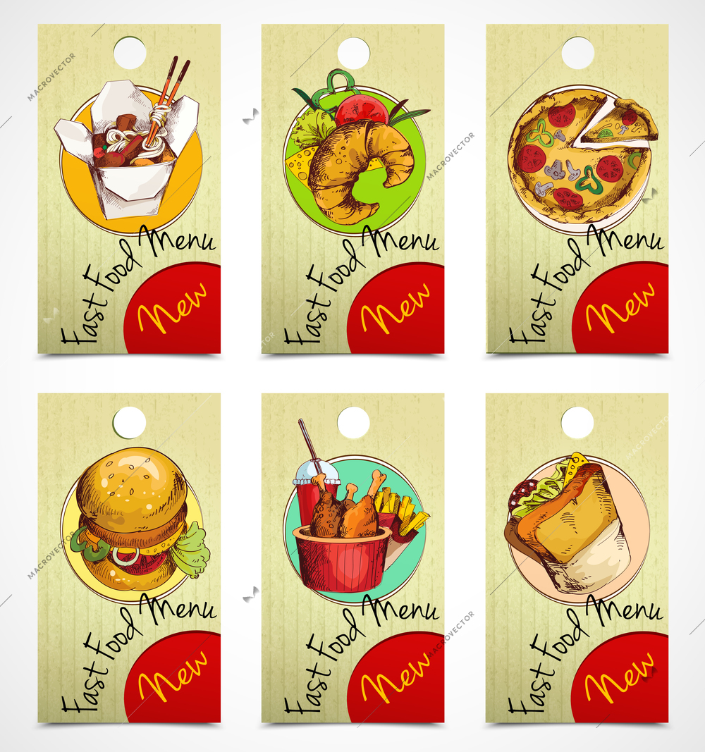 Fast food menu paper tags with noodles croissant pizza isolated vector illustration