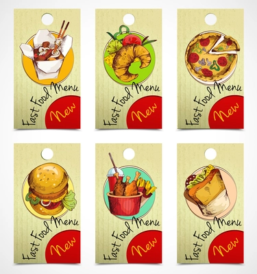 Fast food menu paper tags with noodles croissant pizza isolated vector illustration