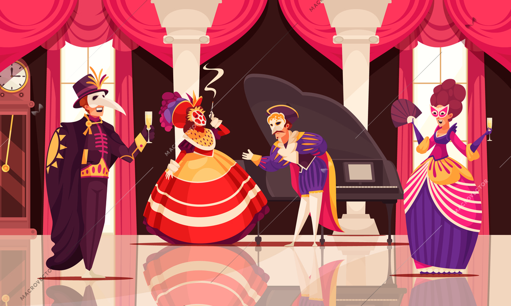 People wearing venetian carnival costumes and masks drinking champagne and communicating in ball room with shiny floor cartoon vector illustration