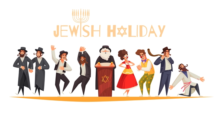 Jewish holiday cartoon composition with happy people during celebration of hanukkah vector illustration