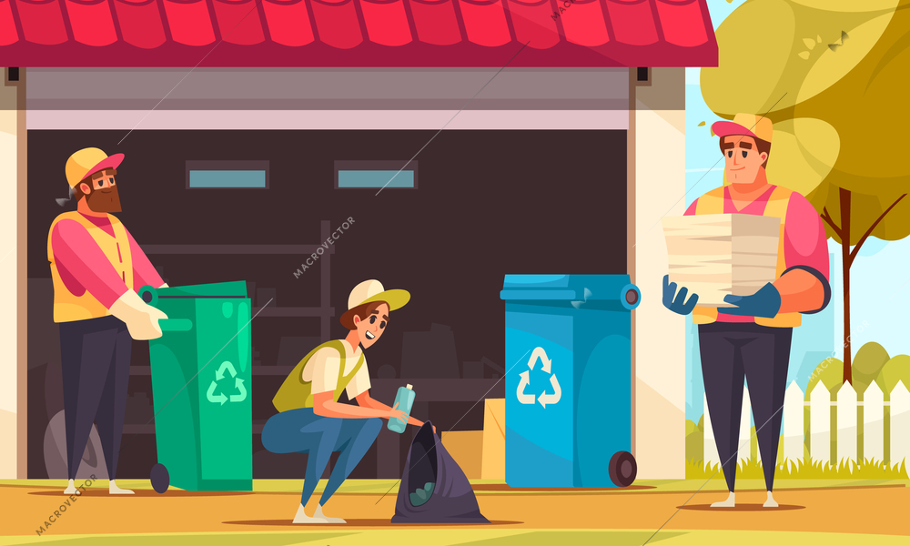 Three cleaners in uniform collecting and sorting garbage cartoon vector illustration