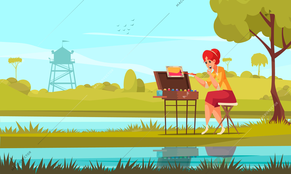 Happy woman professional artist painting outdoors near river in countryside cartoon vector illustration