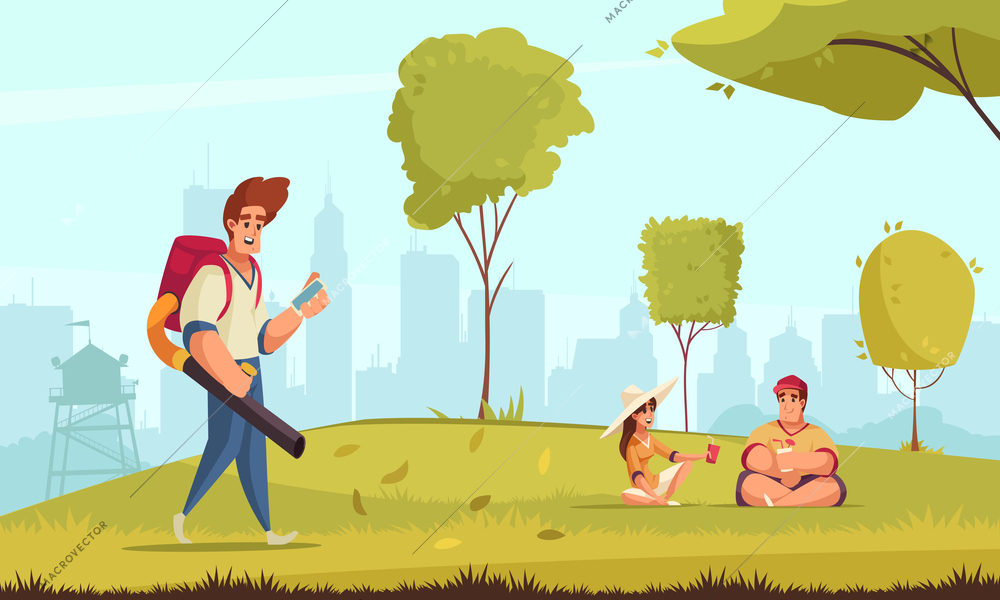 Man with leaf blower cleaning green lawn and couple sitting on grass in park on background with city silhouette cartoon vector illustration
