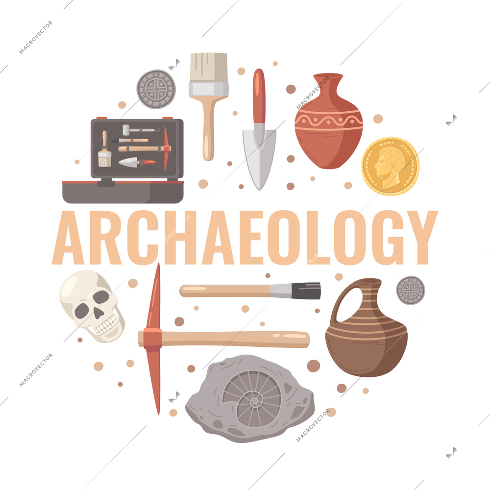 Arachaeology cartoon composition with isolated text and icons of manual digging instruments ancient artefacts and skull vector illustration