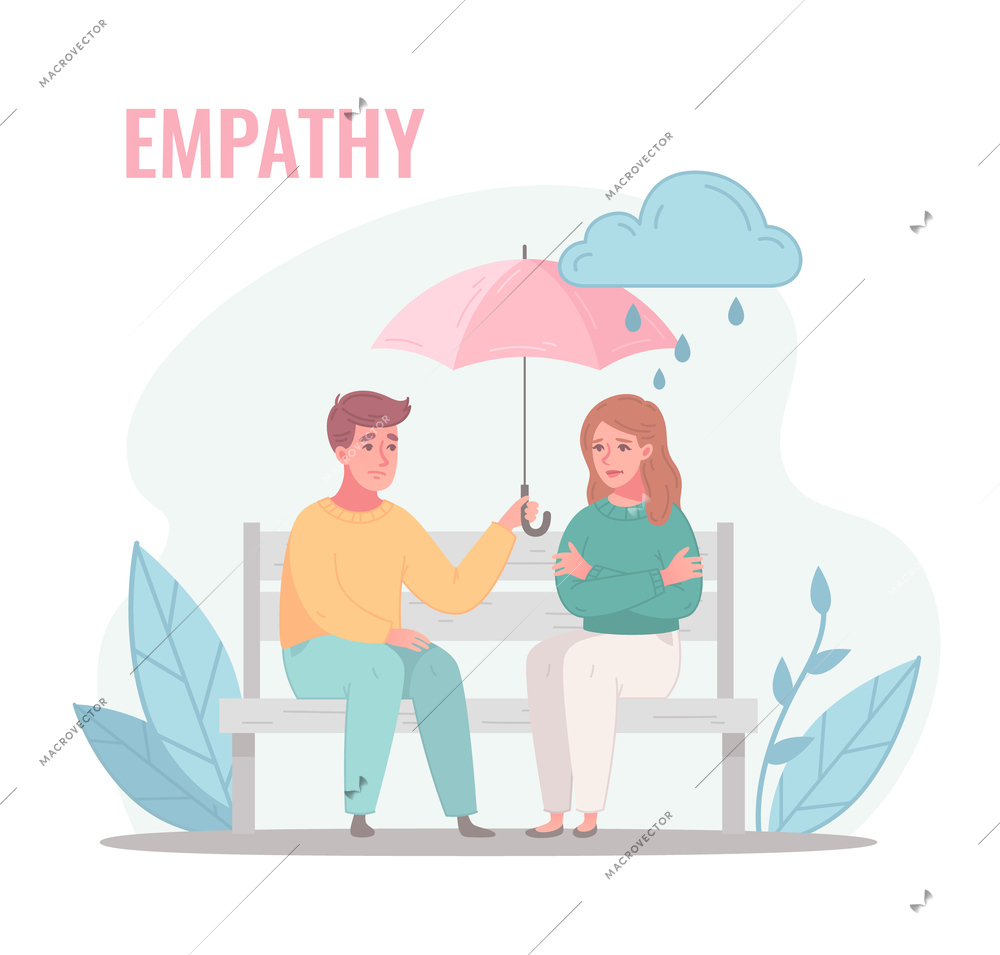 Empathy characters cartoon composition with couple sitting on bench with umbrella on rainy day with text vector illustration