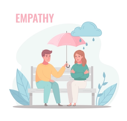 Empathy characters cartoon composition with couple sitting on bench with umbrella on rainy day with text vector illustration